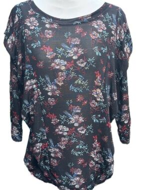 Free People Black Floral Ruffle Three-Quarter Length Sleeve Tee